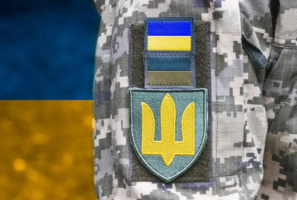Insignia on the shoulder sleeves of the Armed Forces of Ukraine. Emblem of Ukraine. Camouflage uniform of the armed forces of Ukraine. AFU. High quality photo