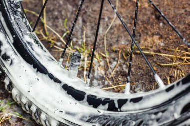 Cleaning bicycle wheels. Bicycle care. Bicycle tire in foam. Bike wash. High quality photo