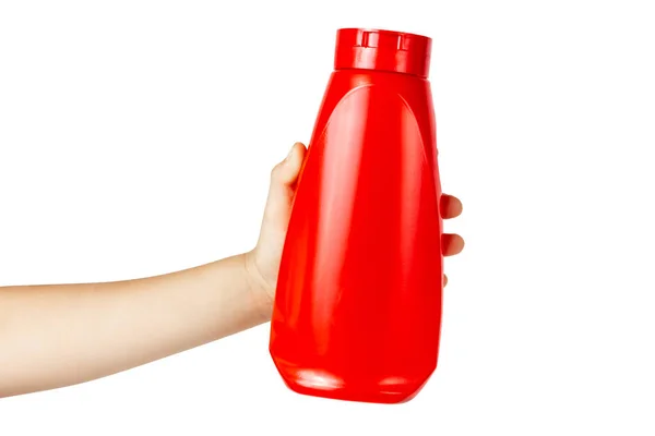 Bottle Ketchup Childs Hand Holds Red Plastic Bottle Holds Bottle — Fotografia de Stock