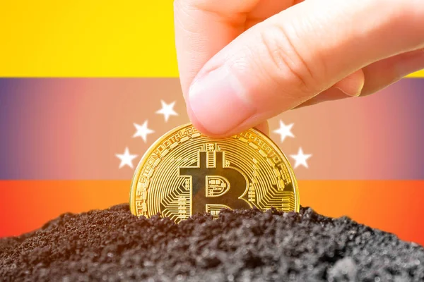 Legalization Bitcoin Venezuela Landing Bitcoin Ground Background Flag Venezuela Venezuela — Fotografia de Stock