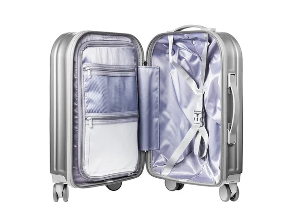 Unfolded Suitcase Isolated White Background Gray Suitcase Suitcase Wheels Luggage — 图库照片