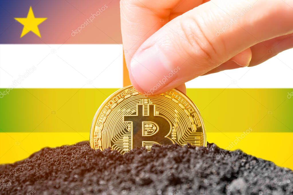 Legalization of bitcoin in the Central African Republic. Landing bitcoin in the ground against the background of the flag of the CAR. CAR - investment in cryptocurrency. High quality photo