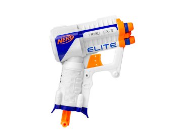 UKRAINE, DNEPR - AUGUST 20, 2022: Hasbro Nerf Elite blaster. Toy blaster isolated on white background. Toy pistol. High quality photo
