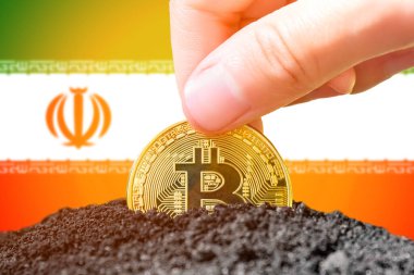 Legalization of bitcoin in Iran. Landing bitcoin in the ground against the background of the flag of Iran. Iran - investment in cryptocurrency. High quality photo