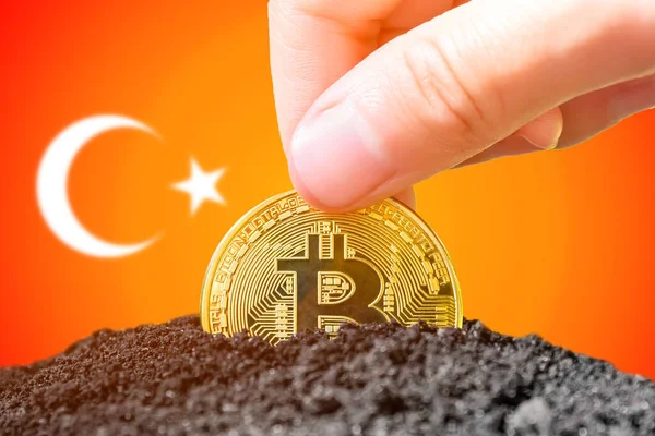 Legalization of bitcoin in Turkey. Landing bitcoin in the ground against the background of the flag of Turkey. Turkey - investment in cryptocurrency. . High quality photo