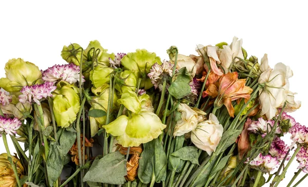 Withered flowers isolated on white background. Withered chrysanthemums. Withered eustoma. Bouquet of withered flowers. High quality photo