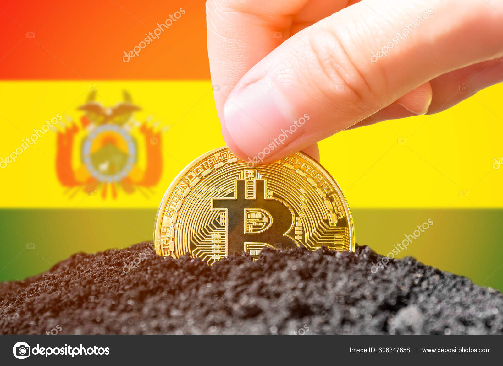 Legalization Bitcoins Bolivia Planting Bitcoin Ground Background Flag Bolivia  Bolivia — Foto editorial de stock #606347658 ©SashaMagic