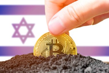 Legalization of bitcoins in Israel. Planting a Bitcoin in the ground against the background of the flag of Israel. Israel - investment in cryptocurrency. . High quality photo