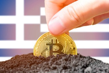 Legalization of bitcoins in Greece. Planting a Bitcoin in the ground on the background of the flag of Greece. Greece - investment in cryptocurrency. . High quality photo