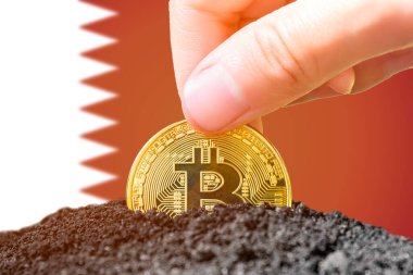 Legalization of bitcoin in Qatar. Planting bitcoin in the ground on the background of the flag of Qatar. Qatar - investment in cryptocurrency. High quality photo