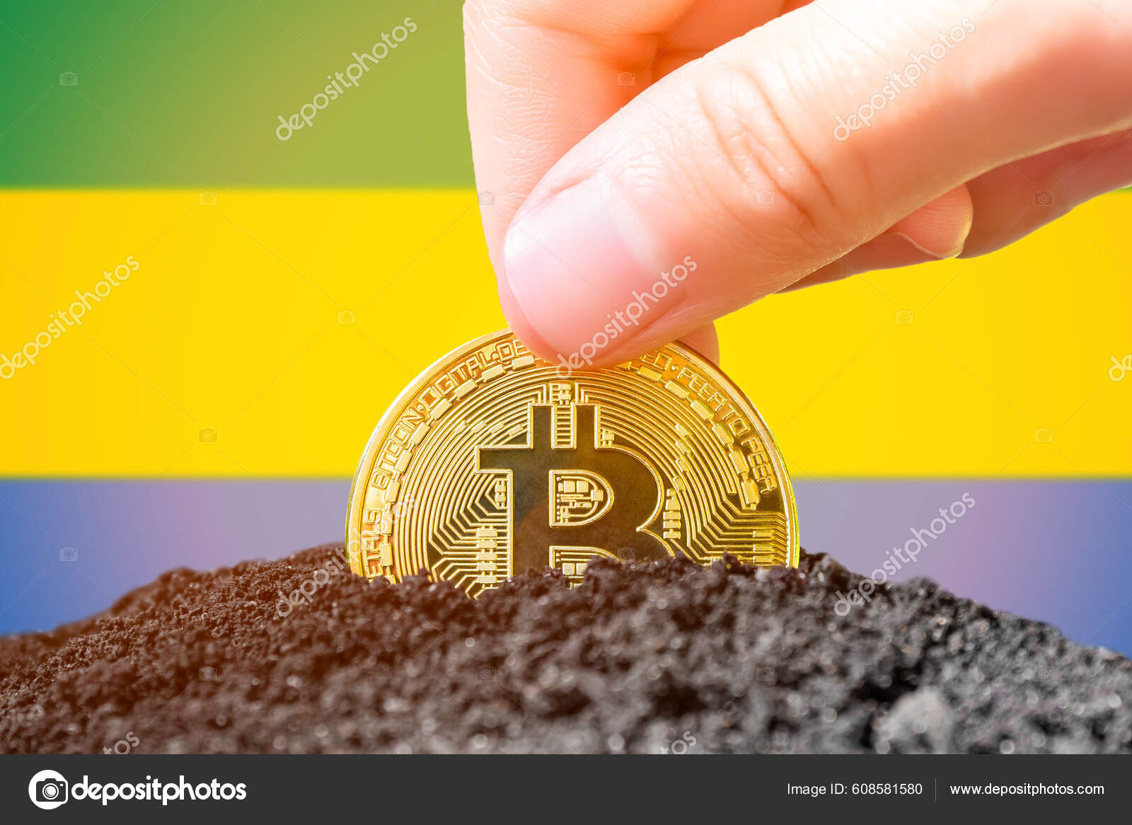 在加蓬比特币合法化在加蓬共和国国旗下的地面上种植比特币对加密货币的投资高质量的照片—— 库存社论照片© SashaMagic #608581580