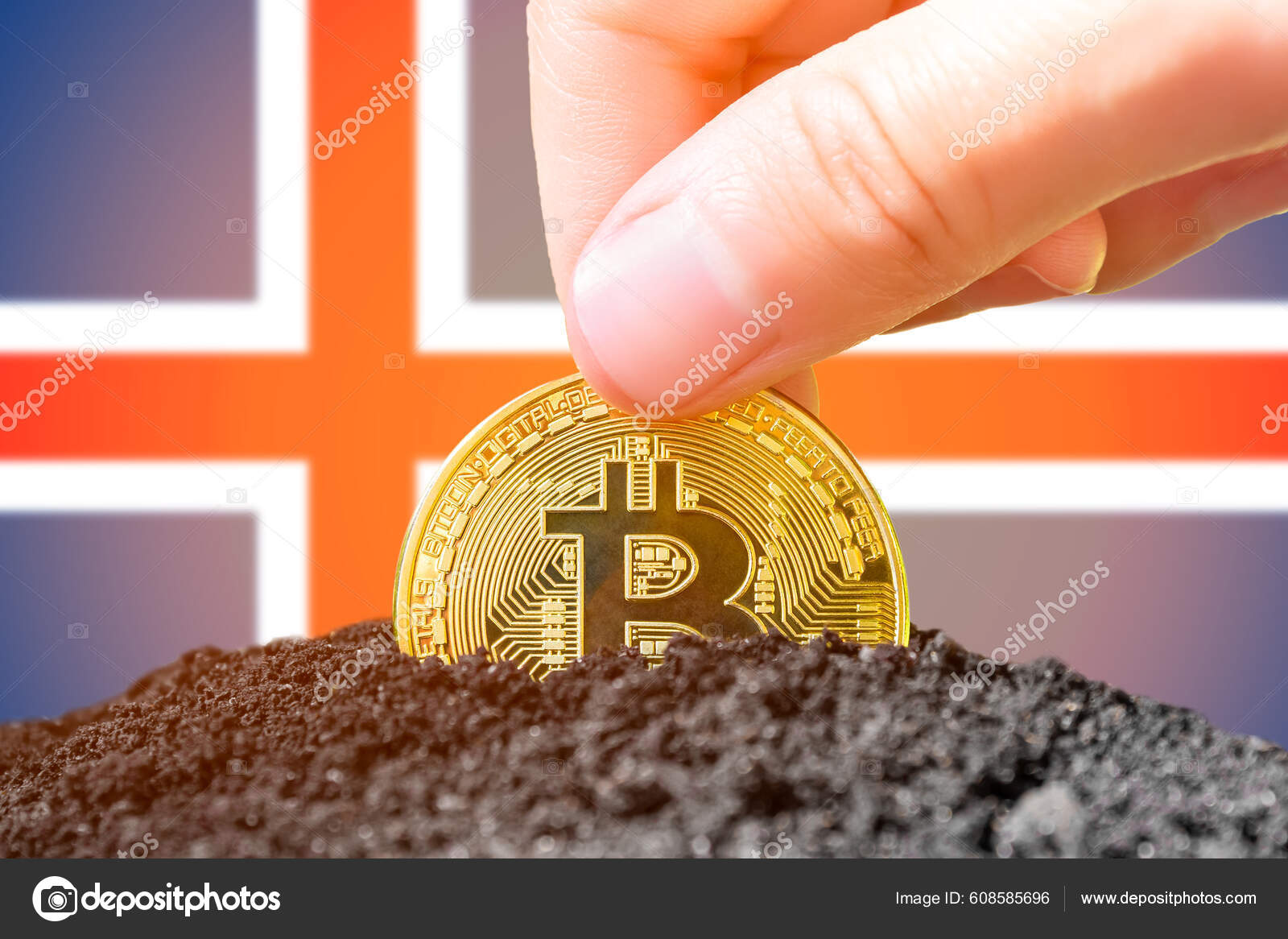 比特币在冰岛的合法化在冰岛国旗的背景下在地上种植比特币对加密货币的投资高质量的照片—— 库存社论照片© SashaMagic #608585696