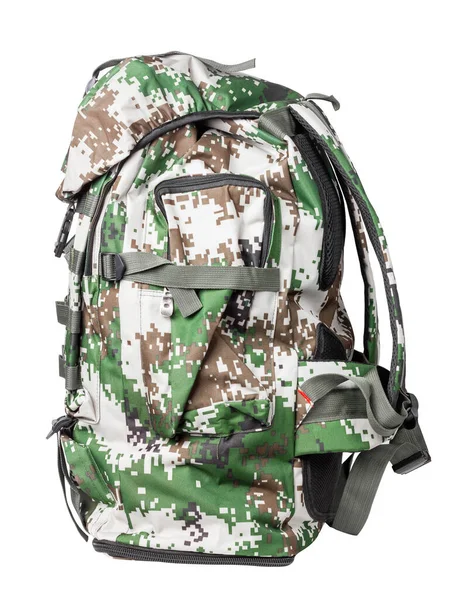 被白色背景隔离的战术背包 背包的颜色是伪装的 战术背包侧面视图 背负式伪装像素 高质量的照片 — 图库照片