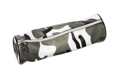 Kapalı kalem kutusu beyaz arkaplanda izole edilmiş. Haki okul kalem kutusu. Kalem kutusu arka plandan çıkarılmaya hazır. Yüksek kalite fotoğraf