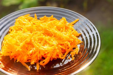 Rendelenmiş havuç porsiyonu. Tabakta rendelenmiş sebzeler. Yüksek kalite fotoğraf