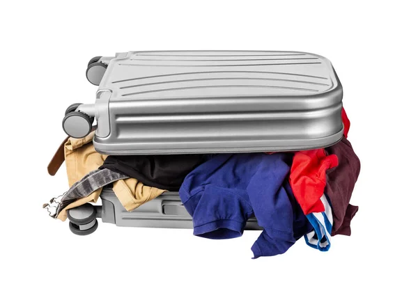 Reiskoffer Zit Vol Zit Veel Koffer Pak Spullen Voor Onderweg — Stockfoto