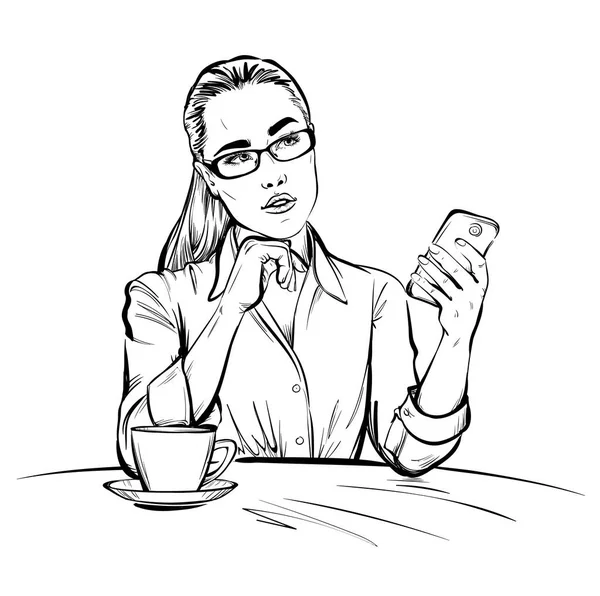 Девушка Вдумчиво Смотрит Мобильный Телефон Сидящий Столом Векторной Иллюстрации Кафе — стоковый вектор