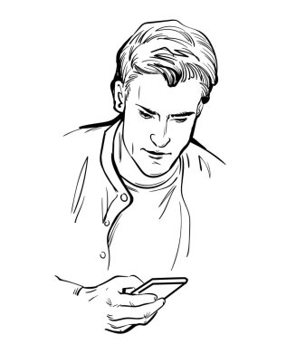 Genç adam cep telefonuna dikkatlice bakıyor.