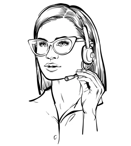 Gözlüklü Genç Bir Kadın Yerinde Bluetooth Kulaklıkla Konuşuyor — Stok Vektör