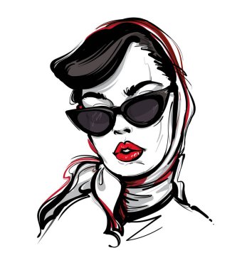 Başörtüsü ve koyu güneş gözlüğü takan genç ve güzel bir kız vektör retro tasviri.