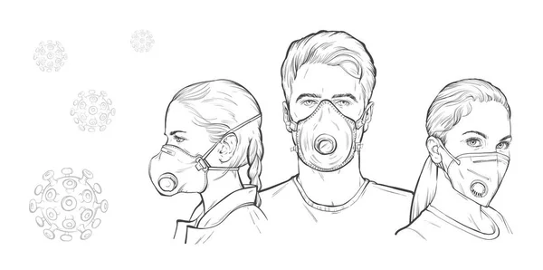 Tıbbi maskeli ve solunum cihazlı gençler Coronavirüs enfeksiyonundan korunuyor.