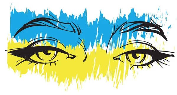 Ukrayna bayrağının arka planında boyalı vektör resimleriyle resmedilmiş Ukraynalı genç bir kıza bakın.