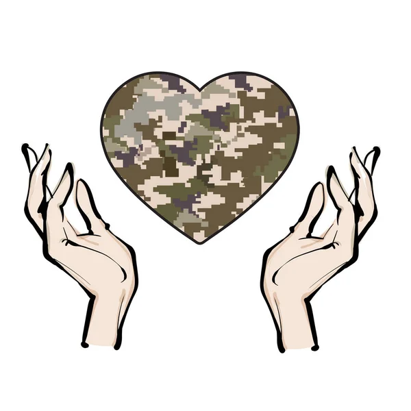 Coeur Camouflage Dans Les Mains Une Jeune Fille Support Vectoriel — Image vectorielle