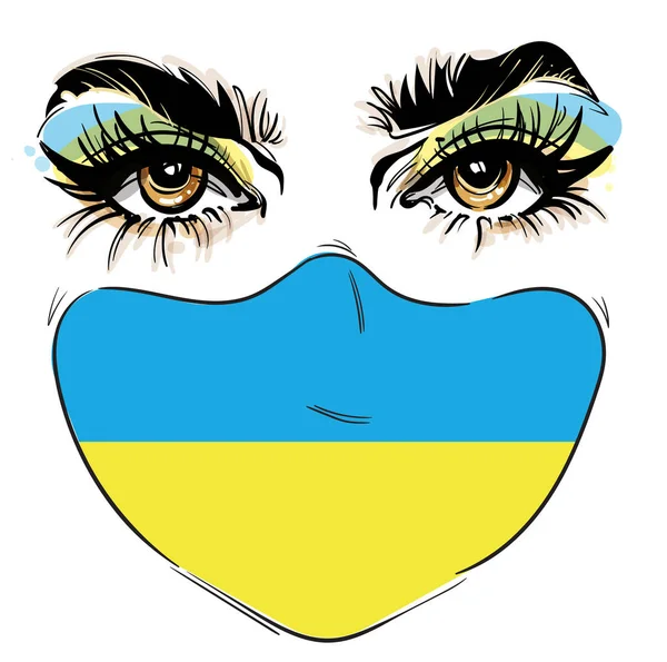 Schöne Junge Mädchen Tragen Ukraine Flagge Maske Vektor Illustration — Stockvektor