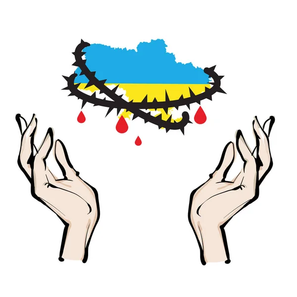 ウクライナの地図上のウクライナの旗手にとげの出血の花輪ベクトル図 — ストックベクタ