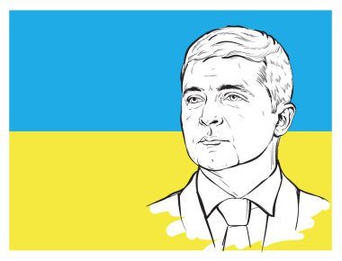 Volodymyr Zelensky Ukrayna bayrak portresinin arka planında Ukrayna Başkanı