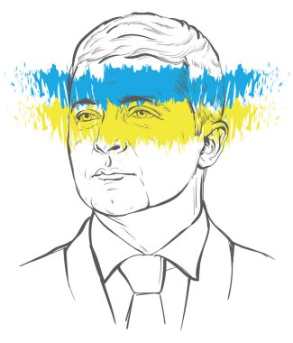 Volodymyr Zelensky Ukrayna Başkanı Ukrayna bayrağının renkleri boya portresi çizimi ile çizilmiştir.