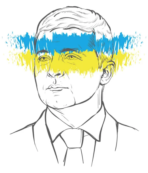 Volodymyr Zelensky Ukrayna Başkanı Ukrayna bayrağının renkleri boya portresi çizimi ile çizilmiştir.