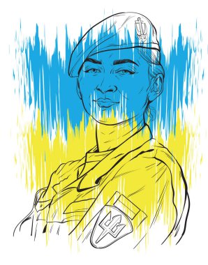 Ukrayna Silahlı Kuvvetleri 'nin güzel kadın askeri Ukrayna bayrağının arka planında boya vektör çizimi ile boyanmış.