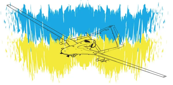 乌克兰国旗背景上的Bayraktar军用装备无人驾驶飞机 涂有油漆矢量图解 — 图库矢量图片