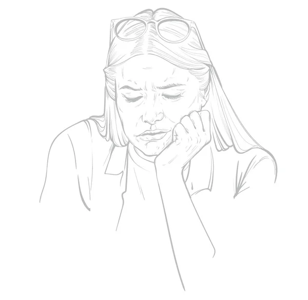 Сумна Жінка Плаче Відпочиваючи Щокою Своєю Рукою Векторні Ілюстрації — стоковий вектор