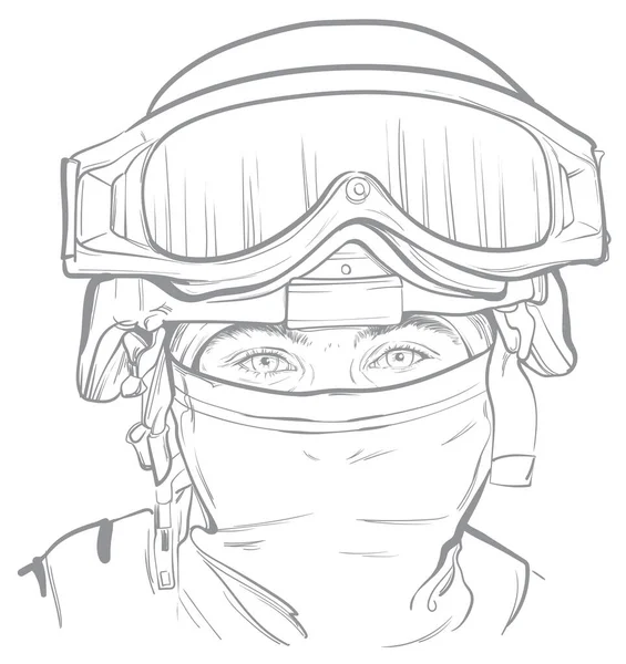 Miğferli genç adam ve kar maskeli askeri teçhizat Ukrayna vektör illüstrasyonu silahlı kuvvetleri