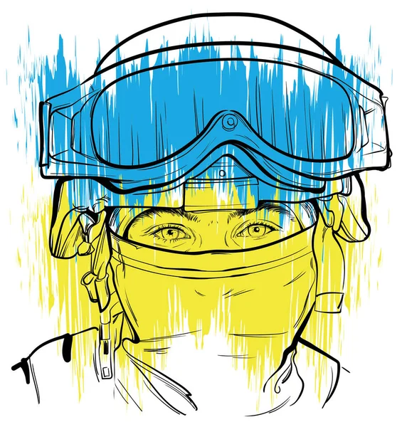 Ukrayna bayrağının arka planında Ukrayna Silahlı Kuvvetleri 'nin askeri boya teçhizatıyla boyanmış sert şapkalı ve kar maskeli genç adam.