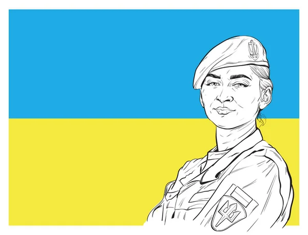 Ukrayna Silahlı Kuvvetleri 'nin güzel kadın askeri Ukrayna bayrak illüstrasyonunun arka planında