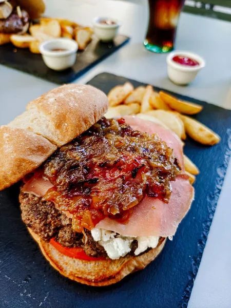 Top View Beef Burger Cheese Bacon Tomato Terrace Slate Plate — Stock Photo, Image