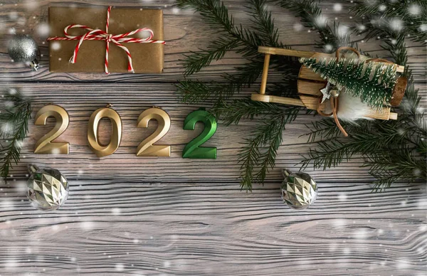 Vista Superior Feliz Año Nuevo Números 2022 Trineo Navidad Con — Foto de Stock