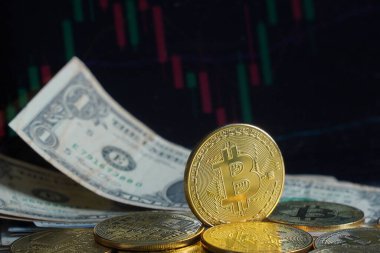 Banknotların arka planında bitcoins şifreleme para birimi.