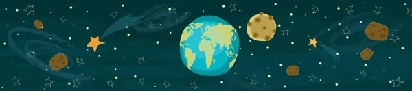 Çizgi Film Arka Planı Yıldızlı Gökyüzü Dünya Gezegeni Uçan Develer — Stok Vektör