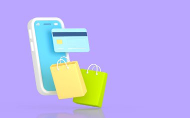 Cep telefonu ve kredi kartı numarası 3D. İş konsepti, online alışveriş. 3B illüstrasyon