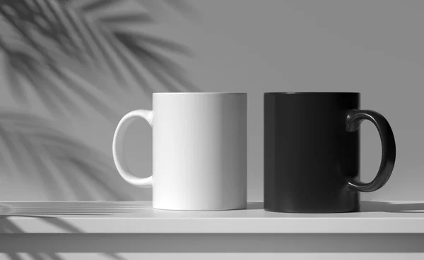 壁に植物の影と内部の棚の上のコーヒーマグカップ 3Dイラスト — ストック写真