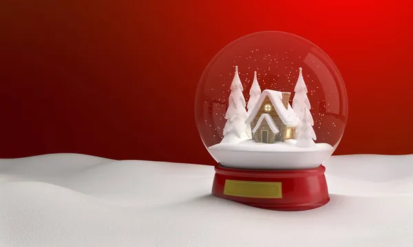 雪球上有一座童话般的房子 雪地里有圣诞树 红色背景的圣诞纪念品 3D插图 — 图库照片