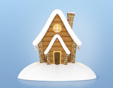 Karın içindeki peri masalı Noel evi, mavi arka planda izole edilmiş, 3 boyutlu resimli.