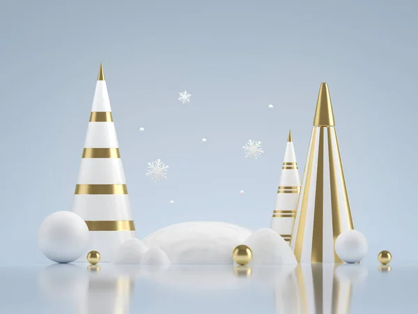 商品発表のための未来的なシーン 表彰台の雪のドリフトと金の装飾とデザイナー抽象的なクリスマスツリー 3Dイラスト — ストック写真