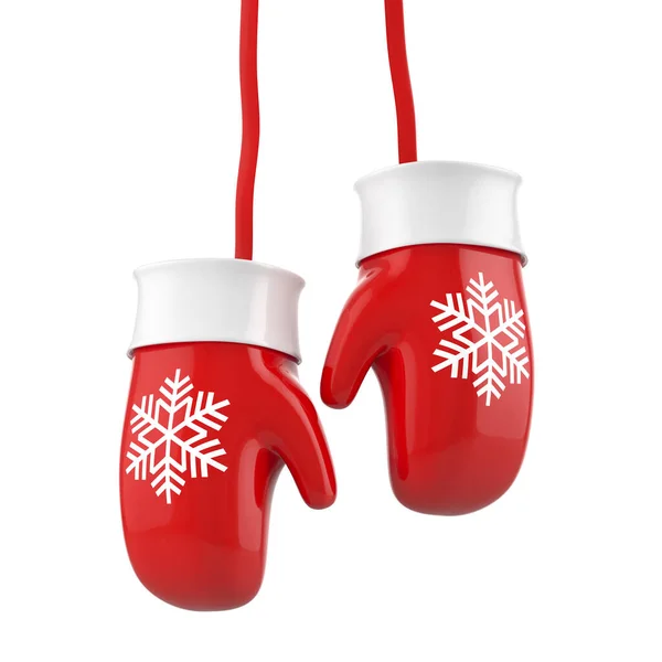 红色的圣诞手套 上面有一张雪花的照片 被白色的背景隔离了3D插图 — 图库照片