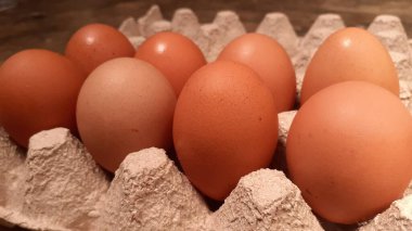 Kahverengi kutu çiğ tavuk yumurtalarına yakın çekim, pişirme malzemeleri, doğal organik yiyecekler, sağlıklı beslenme, yatay yönelim kavramı, nokta odaklanma.