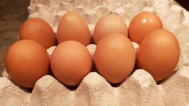 Kahverengi kutu çiğ tavuk yumurtalarına yakın çekim, pişirme malzemeleri, doğal organik yiyecekler, sağlıklı beslenme, yatay yönelim kavramı, nokta odaklanma.